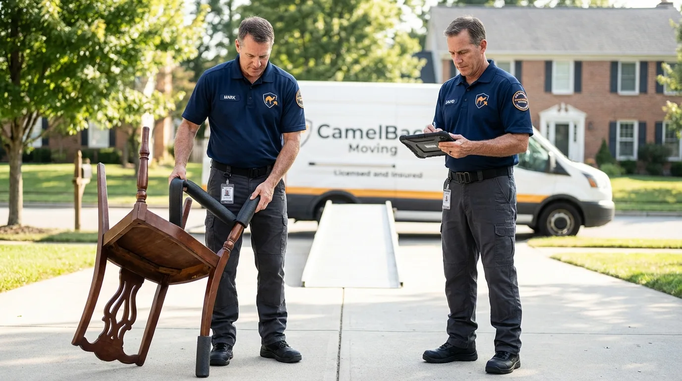 Movers inspecting furniture for damage prevention before loading in Irvine, KY